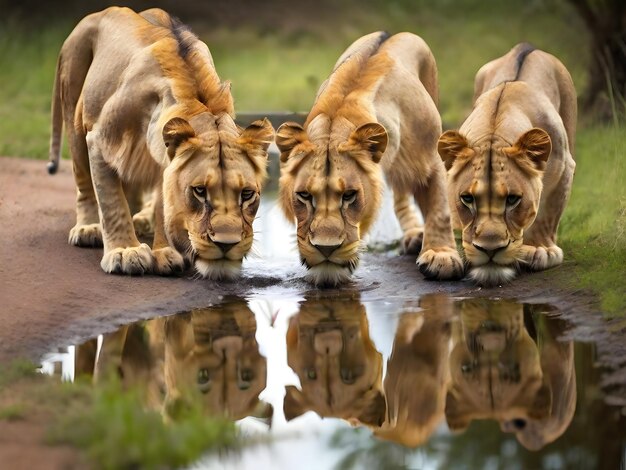 Photo reflection of the lionesses drinking water from a small pond