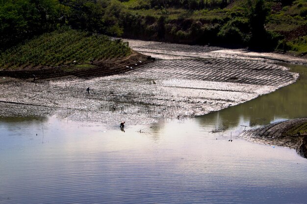 Reflection of man in lake