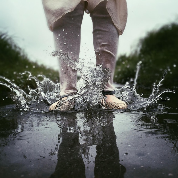 Reflection of man in puddle