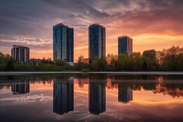 Reflection of modern towers with colorful sunset in the background created with generative ai