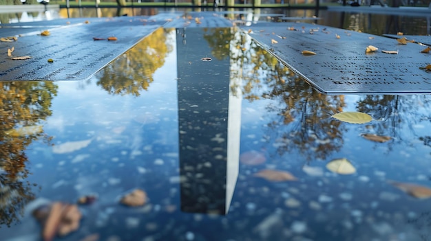Отражение памятника в воде с осенними листьями, плавающими на поверхности