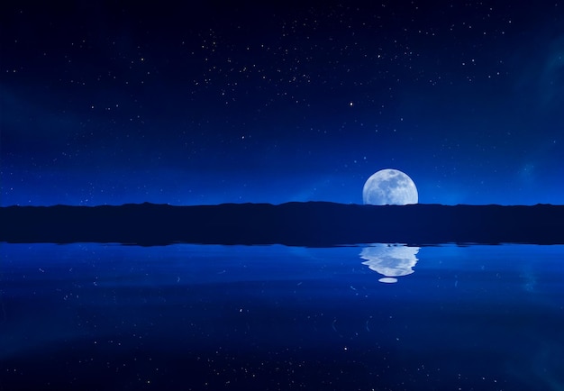 Photo reflection of moon in river against star field at night