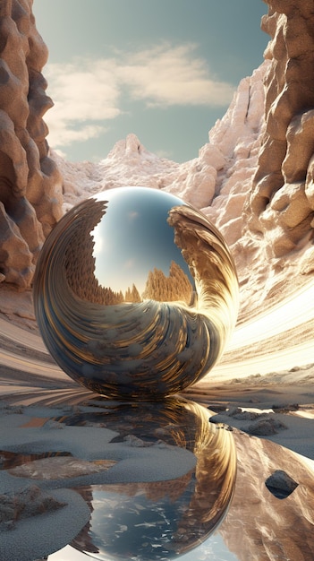 A reflection of a mountain in a glass ball generative ai image