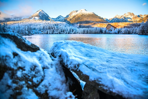 Reflection of mountain lake in High Tatras Slovakia Strbske pleso in the winter