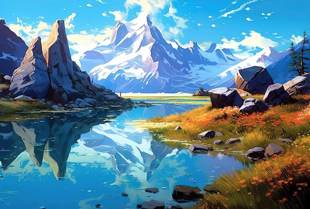 reflection of mountain peaks in the lake in the style of surreal and dreamlike landscapes