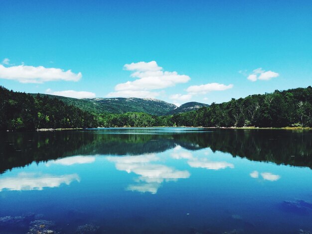Reflection of mountains and blue sky in lake