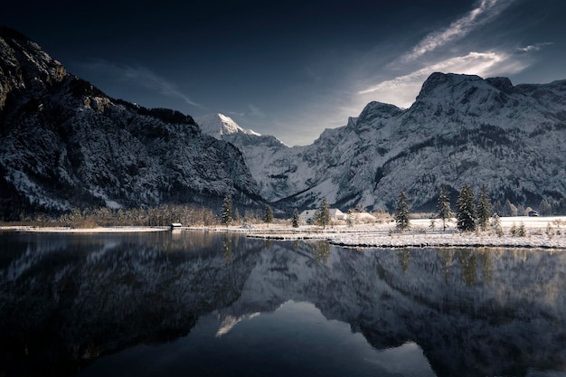 reflection of mountains in lake against sky