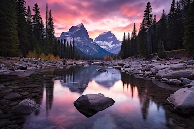 Photo reflection of mountains in a lake or river