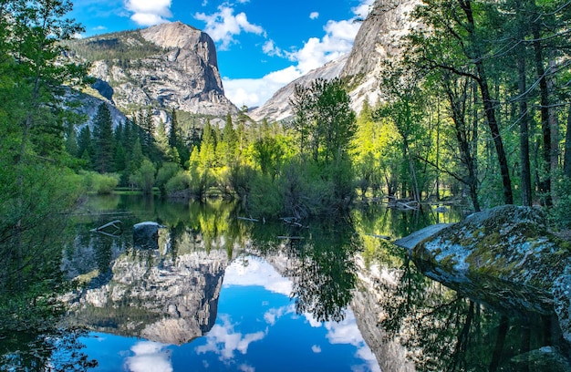 Photo reflection of mountains on water