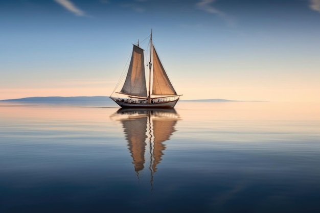 Фото Отражение классической парусной лодки на стеклянной воде, созданной с помощью генеративного ai