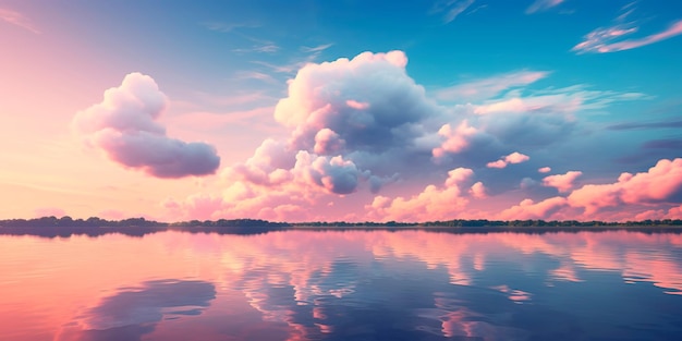 사진 호수 안의 평온한 하늘의 반사와 함께 물은 복아 색의 진정하는 색조를 취합니다.