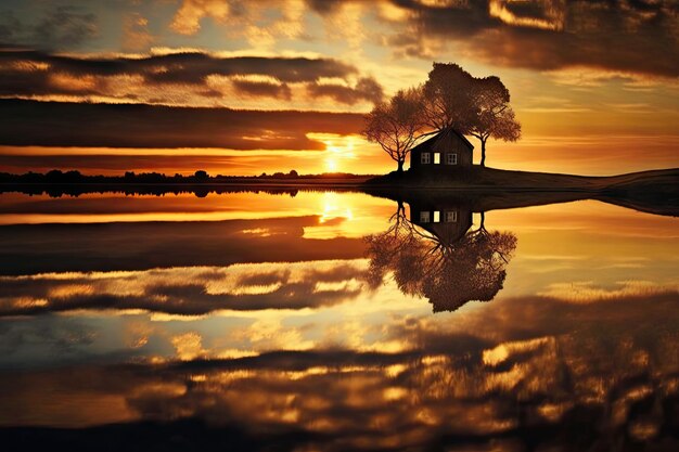 写真 生成 ai で作成された田園地帯の湖に映る夕日の反射