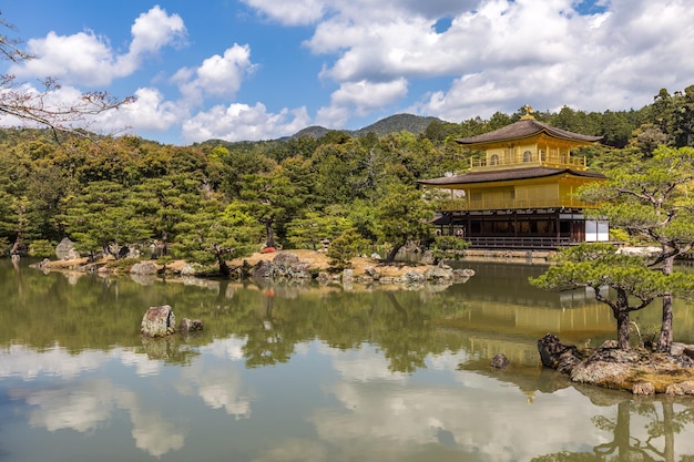 写真 雲の空に照らされた湖の木の反射