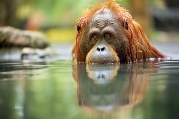 Отражение орангутана в прозрачном бассейне тропического леса