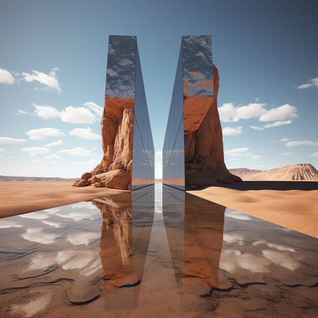 砂漠の高い長方形の物体のペアの反射