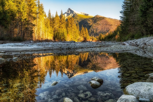 Reflection of peak Krivan in river High Tatras mountains Slovakia