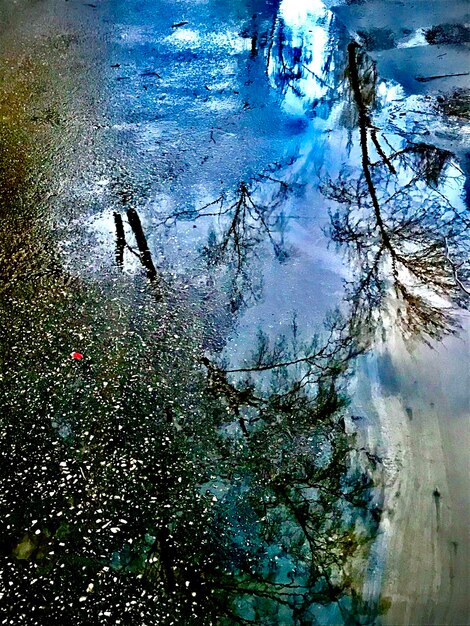 Reflection of people on puddle at lake