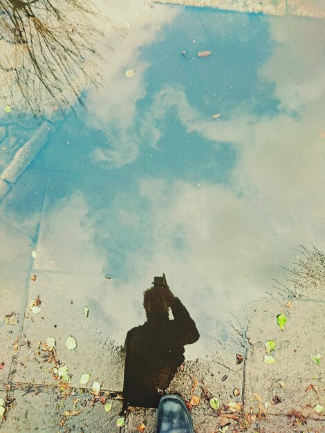 Photo reflection of person photographing seen in puddle