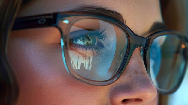 A reflection of a persons face in a pair of stylish smart glasses as they effortlessly dictate a