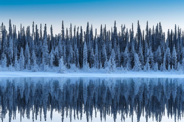 Reflection of pine trees on the lake in the winter forest