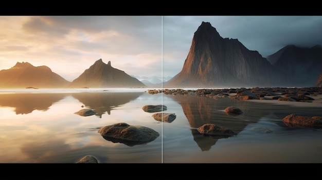 Отражение скалы и моря в зеркальном окне на закате, генеративный AI