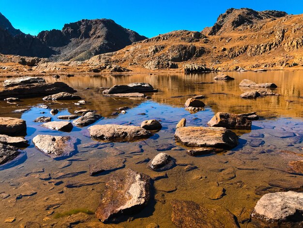 Reflection of rocks in lake against sky