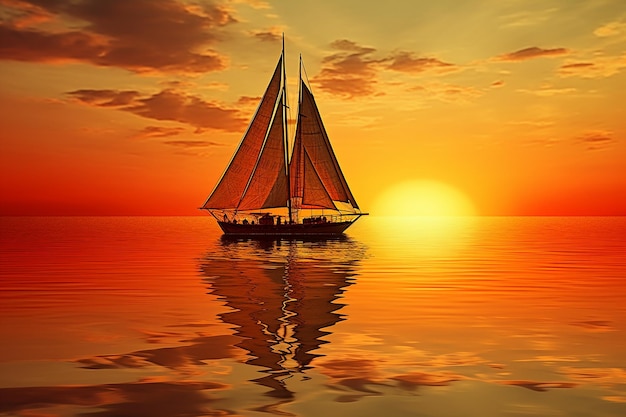 Reflection of a sailboat or yacht on the water during sunset