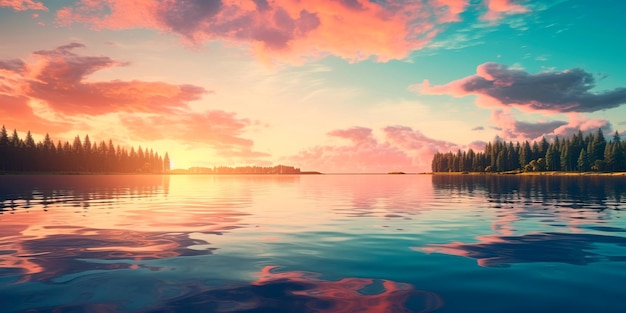 reflection of a serene sky in a lake with the water taking on the calming hues of peach fuzz color