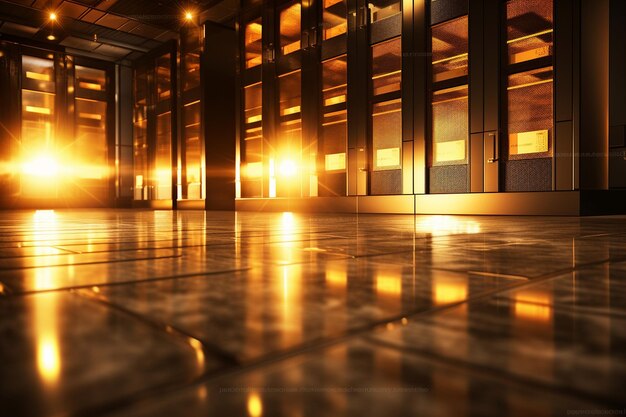 Reflection of server room lights on a polished floor