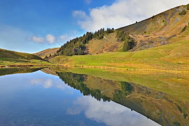 Reflection of the sky and landscape on the water of a alpine mountain lake