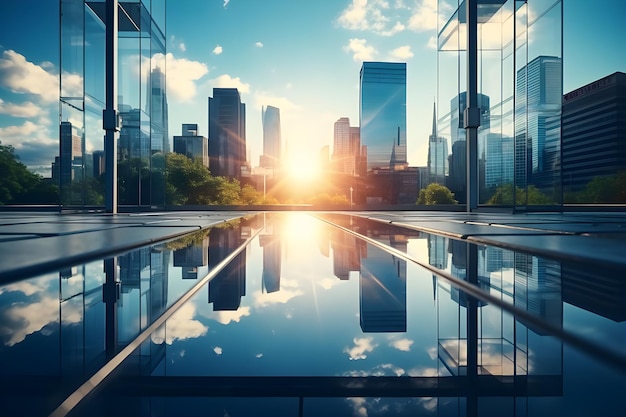 Reflection of skyscrapers in the glass wall of a modern office building