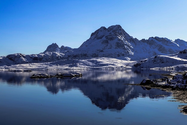 Reflection of snow mountain in Kvalvika beach