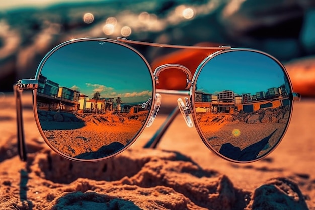 Reflection in the sunglasses shows sea beach Summer concept Generative AI illustration