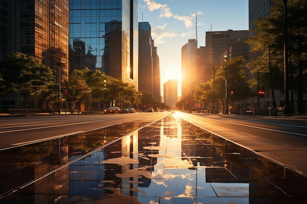 Reflection of the sunset on a skyscrapers glass