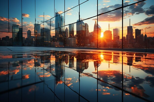 Reflection of the sunset on a skyscrapers glass