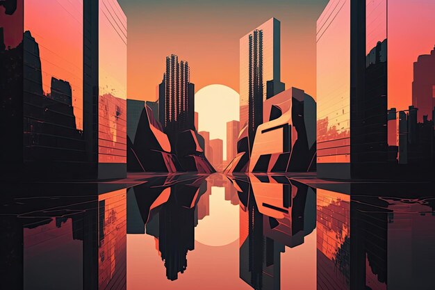 Reflection of towering skyscrapers and the setting sun with orange and pink hues