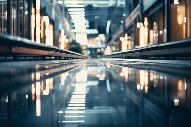 a reflection of a train in a train station