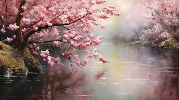 The reflection of a tranquil Japanese cherry blossom wallpaper