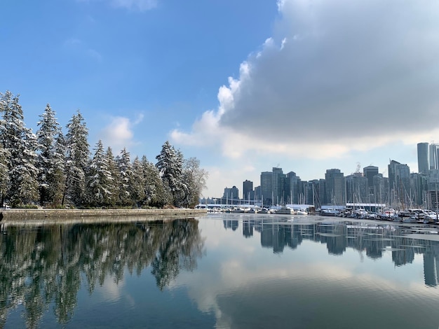 Photo reflection of trees and buildings in lake against sky
