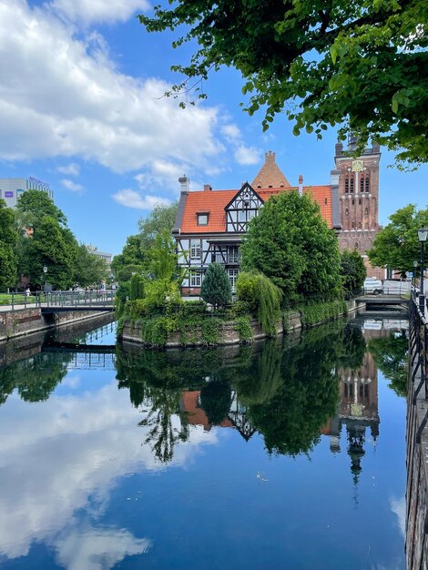 Reflection of trees and buildings on lake