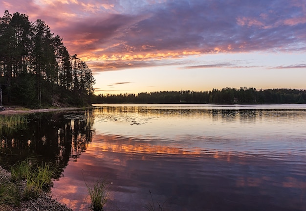湖の色鮮やかな夕日の木々の反射