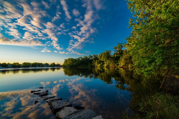 Reflection of trees in lake against blue sky