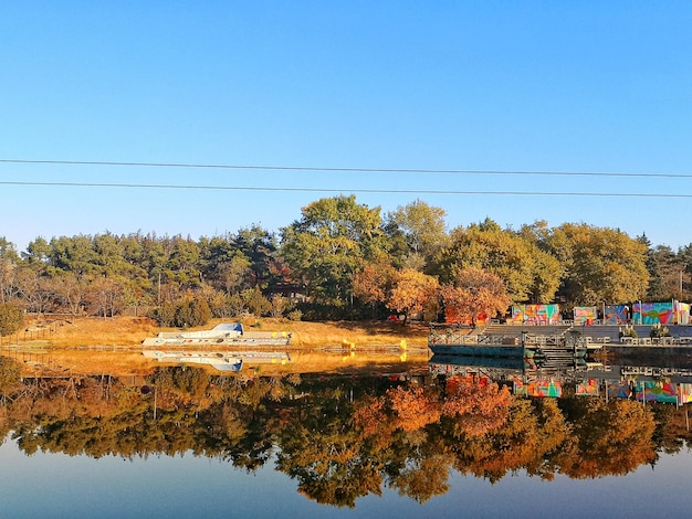 Foto riflessione degli alberi nel lago contro il cielo durante l'autunno