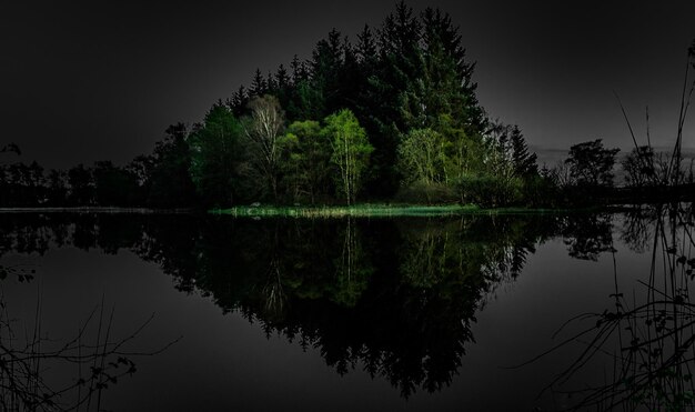 Photo reflection of trees in lake against sky at night