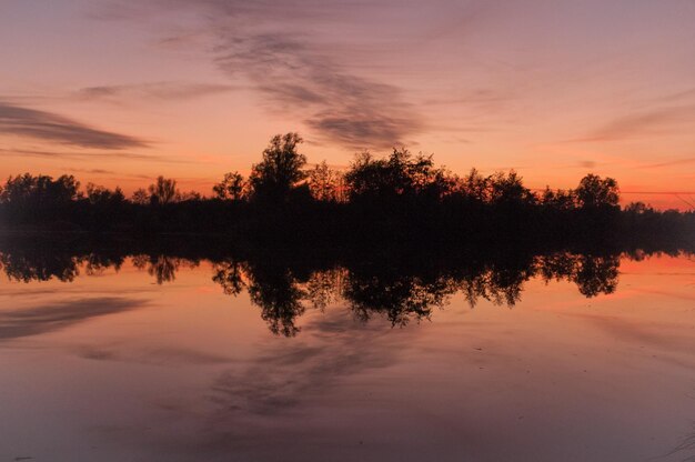 Reflection of trees in lake at sunset