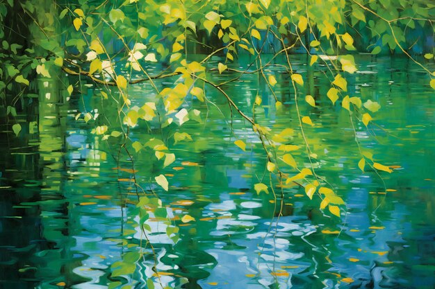 Photo reflection of trees in the lake watercolor painting style