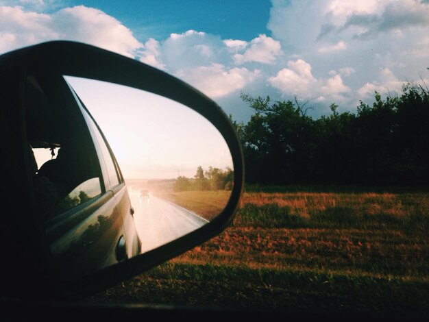 Photo reflection of trees on road