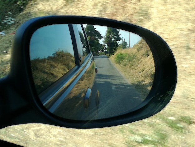 Photo reflection of trees on side-view mirror