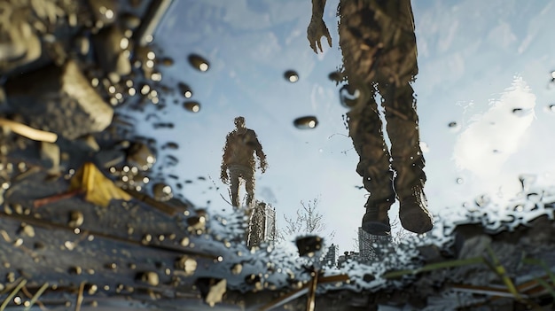 Photo the reflection of two soldiers walking through a puddle