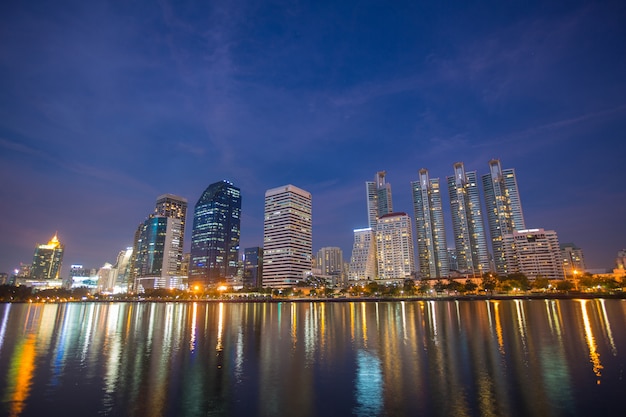 Reflection with lake of bangkok city at night